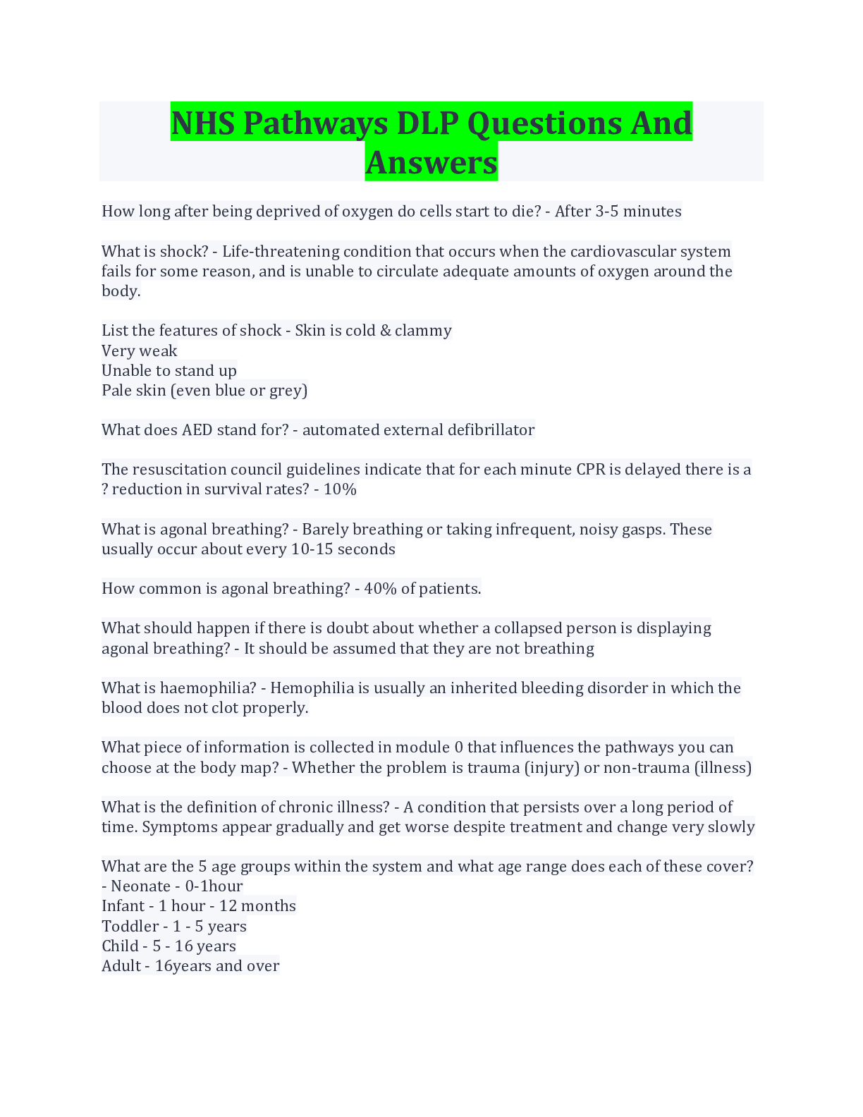 Preview of NHS Pathways DLP Questions And Answers Latest Update/ Download